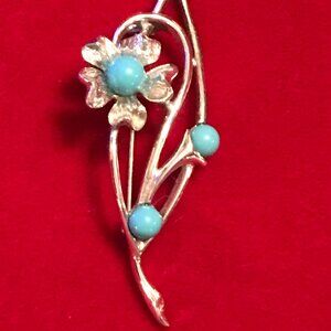 Vintage Sarah Coventry Silver Tone Turquoise Beads Flower Brooch Pin